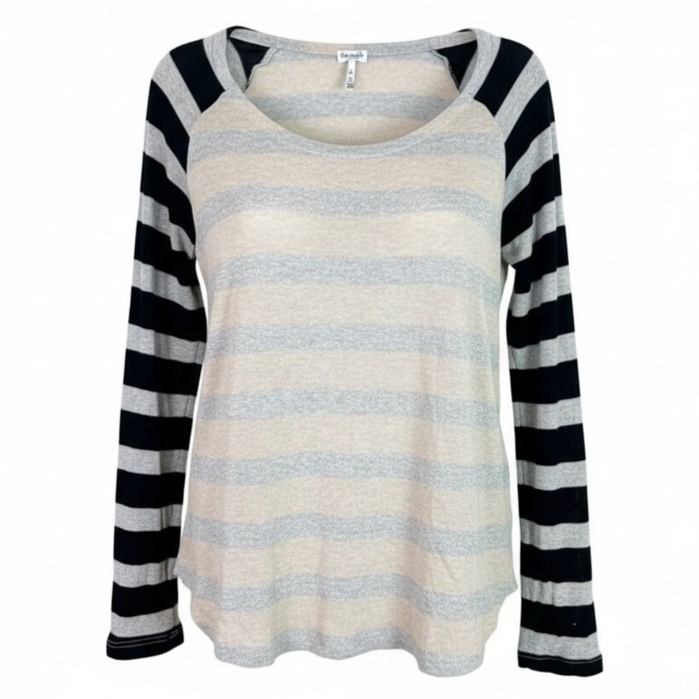 SPLENDID TAUPE SILVER BLACK STRIPE SLEEVE PULLOVER SWEATER SHIRT WOMENS XS
